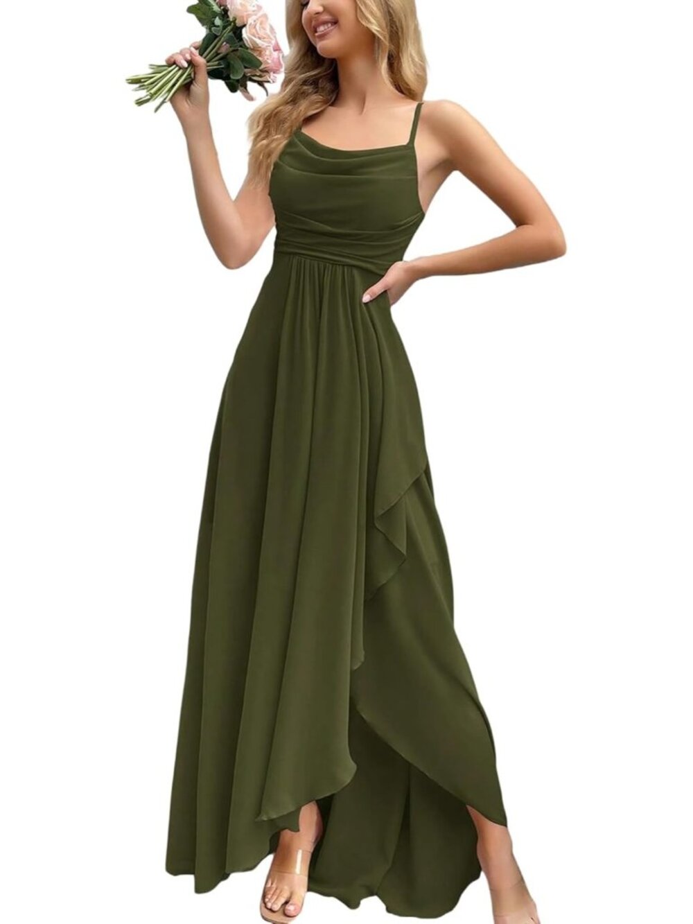 Women's Olive Green Cowl Neck Spaghetti Strap Cocktail Bodycon Maxi Dress